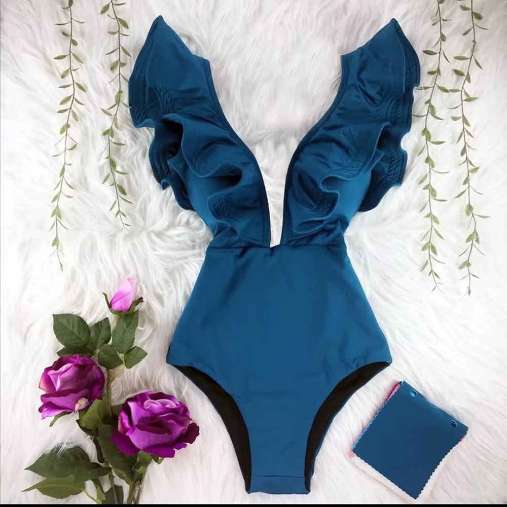 Sexy blue one piece swimsuit with ruffles style